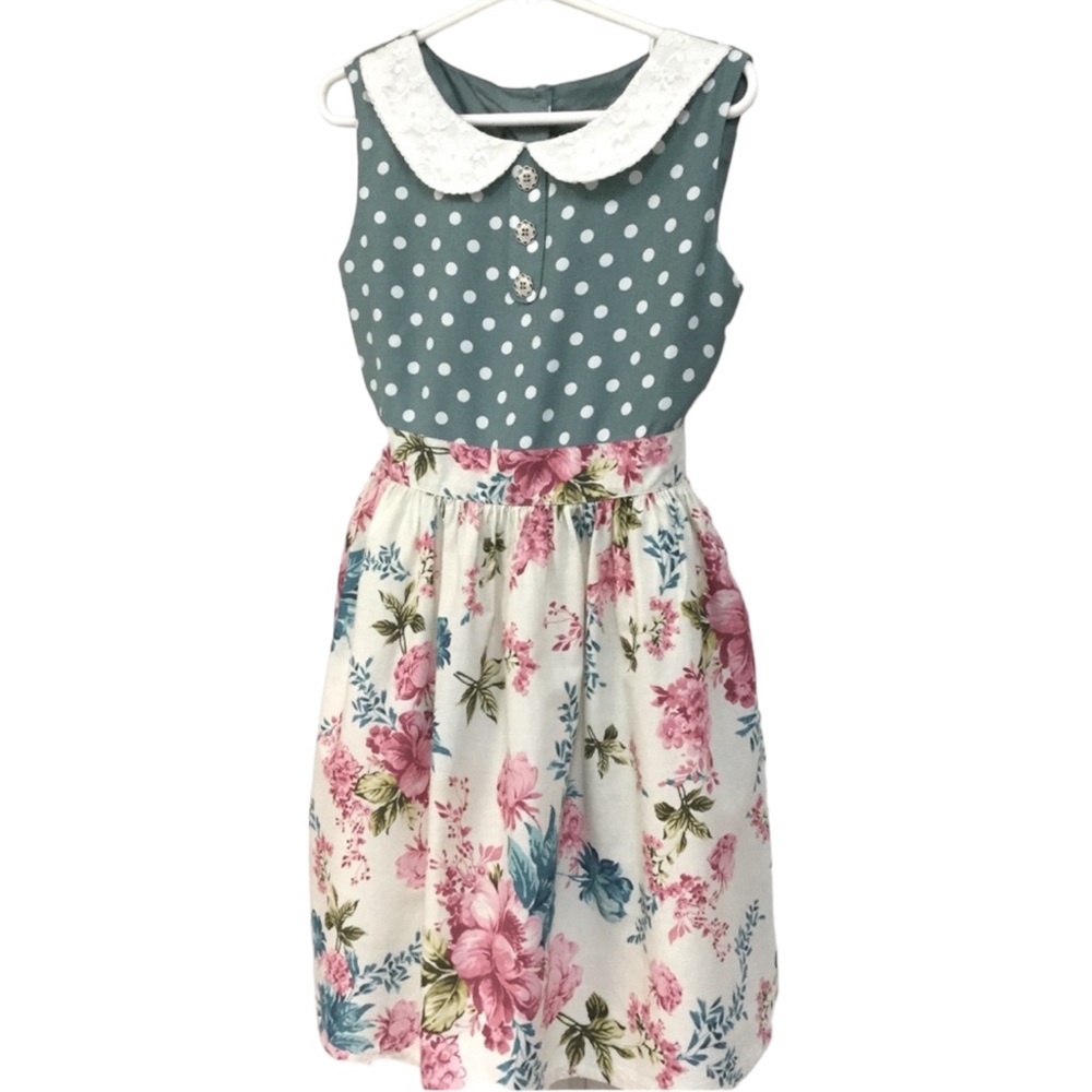 TU sz 8 Y Girls Dress Floral + Dot Sleeveless Peter Pan Collar Back Tie Pink +